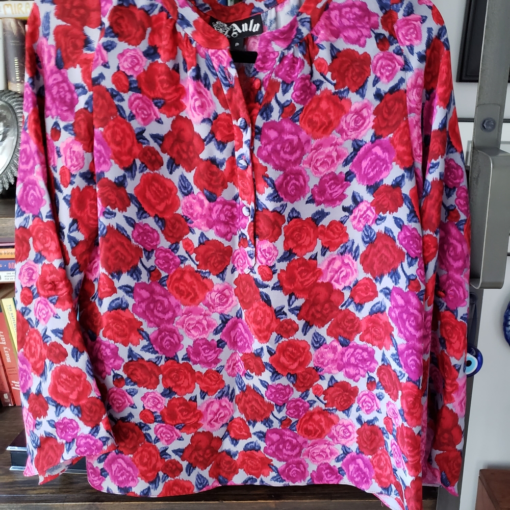 Anlo Red and Pink Floral Silk  Blouse
